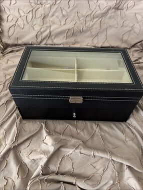 Black Jewelry Box with Glass Top and Cream Interior for sunglasses